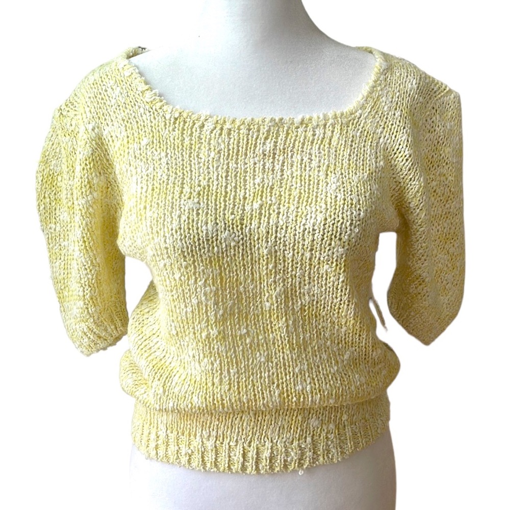 Vintage Nicolette Butter Yellow Scoop Neck Puff Sleeve Knit Sweater Top Large